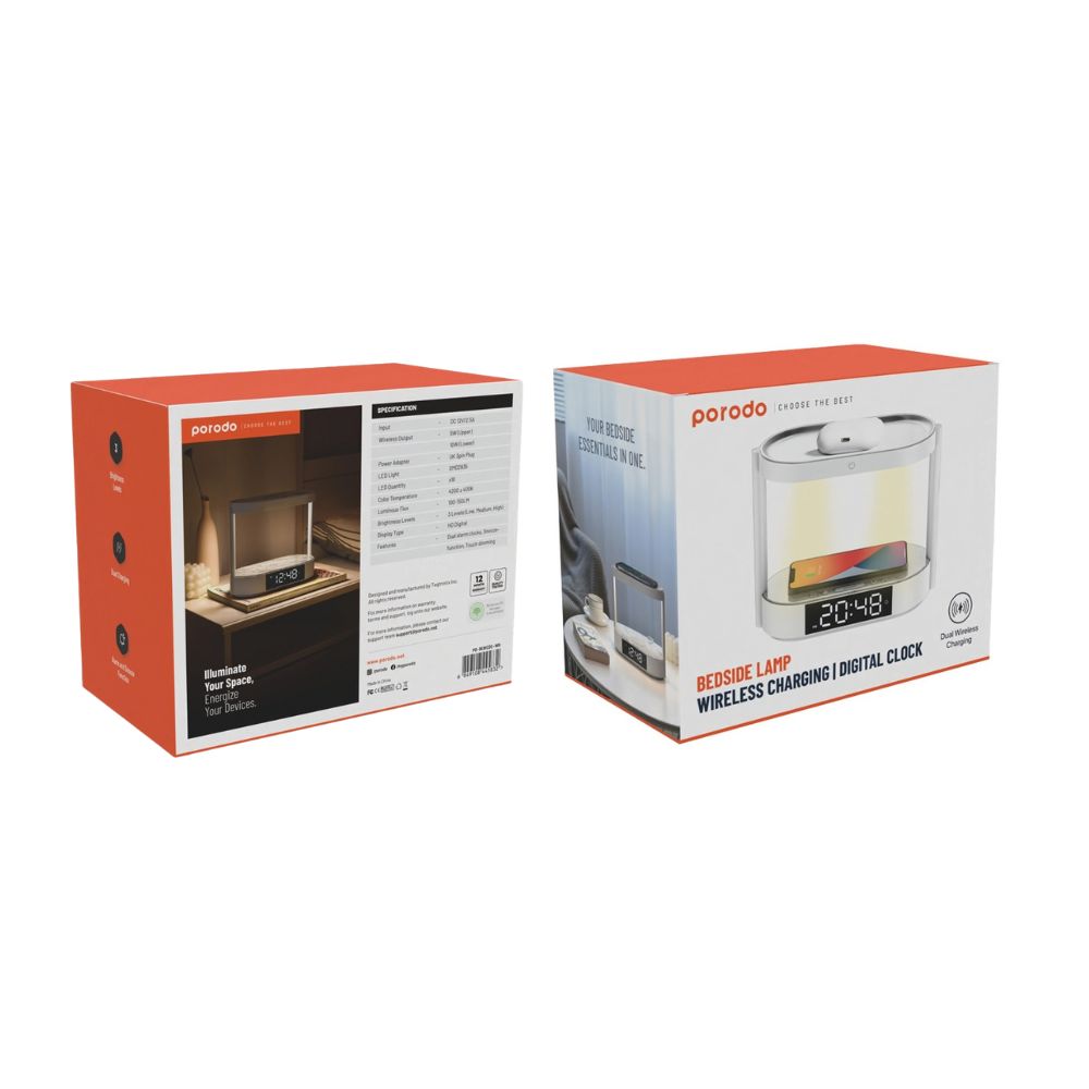 Porodo Bedside Lamp with Wireless Charger | Digital Clock