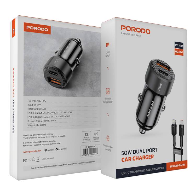 Porodo 50W Dual Port Car Charger  Type-C to Lighting 20W
