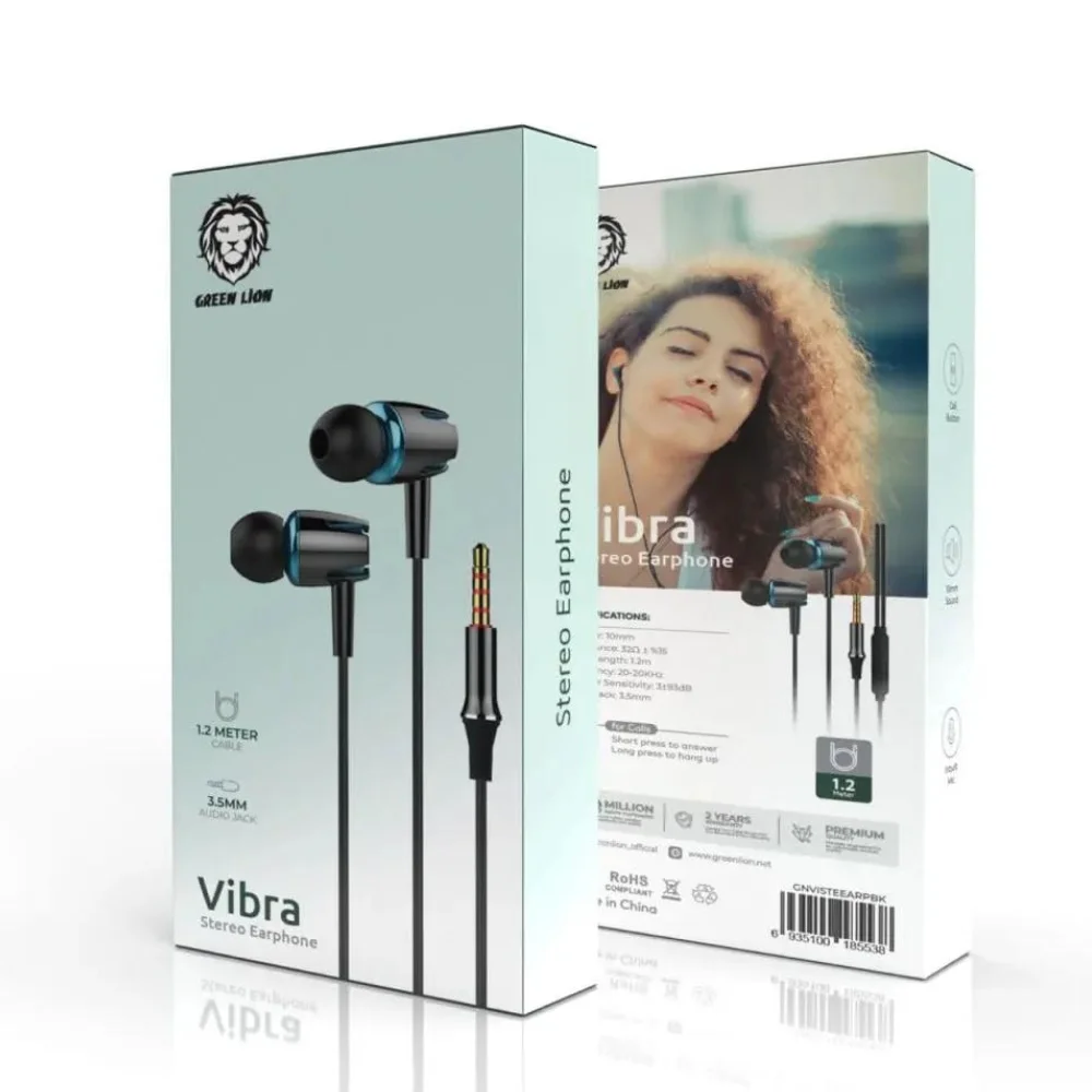 Green Lion Vibra Stereo Earphone 1.2M 3.5MM Audio Jack