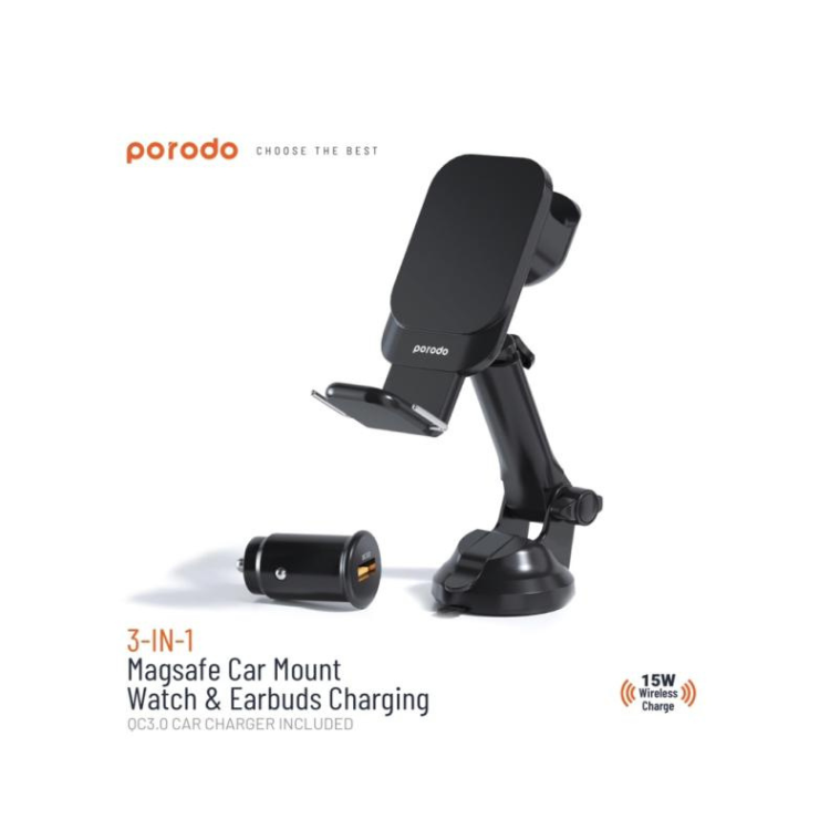 Porodo 3 in 1 Magsafe Car Mount Watch & Earbuds Charging 15W