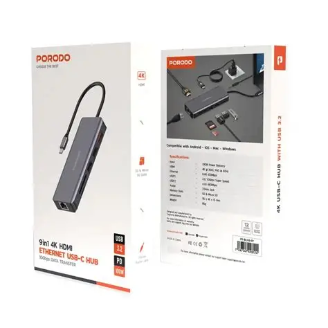 Porodo 9in1 4K HDMI Ethernet USB-C Hub