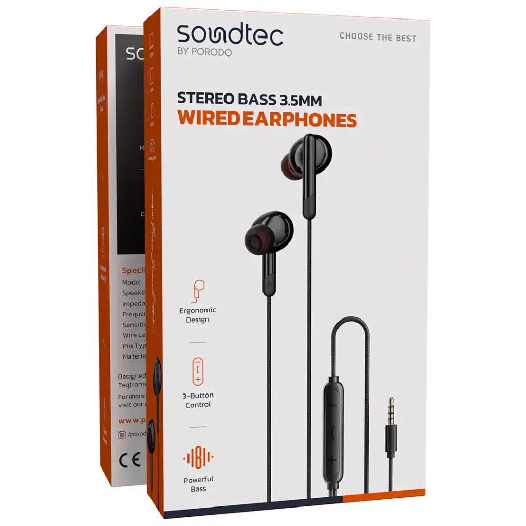 Porodo Soundtec Stereo earphones 3.5MM Aux Jack/Type-C