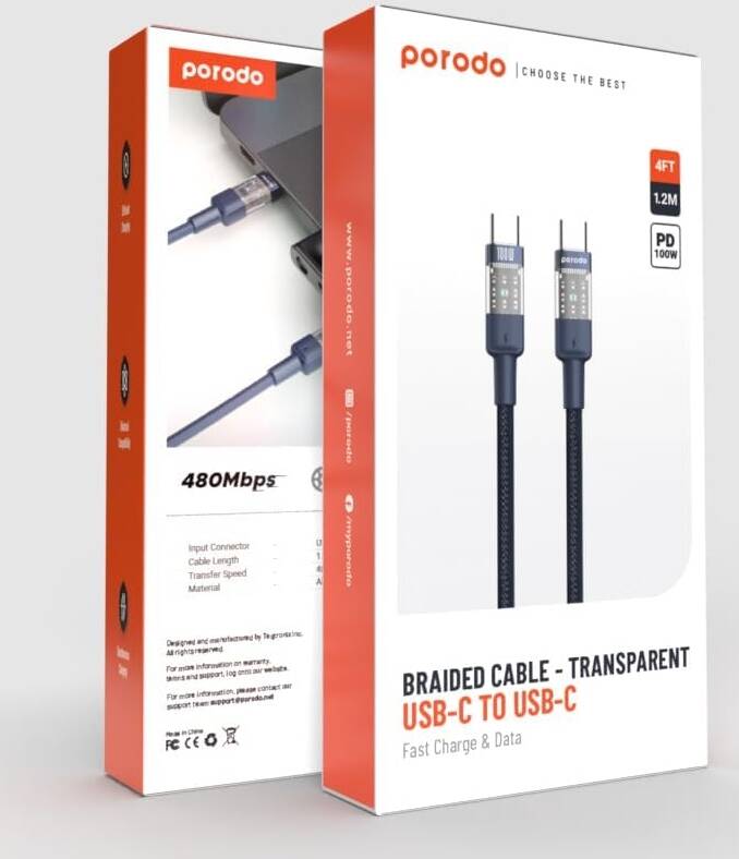 Porodo Braided Cable - Transparent Usb-C TO Usb-C 1.2M 100w