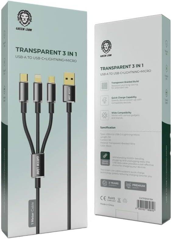 Green Lion Transparent 3 IN 1 USB-A TO USB-C/Lightning/Micro