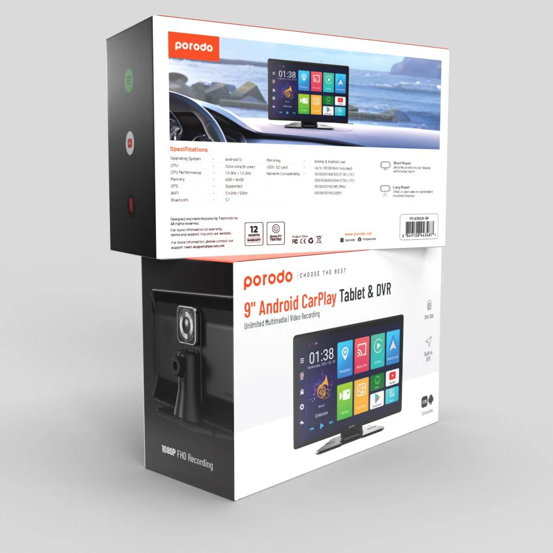 Porodo 9 inch Android CarPlay Tablet & DVR