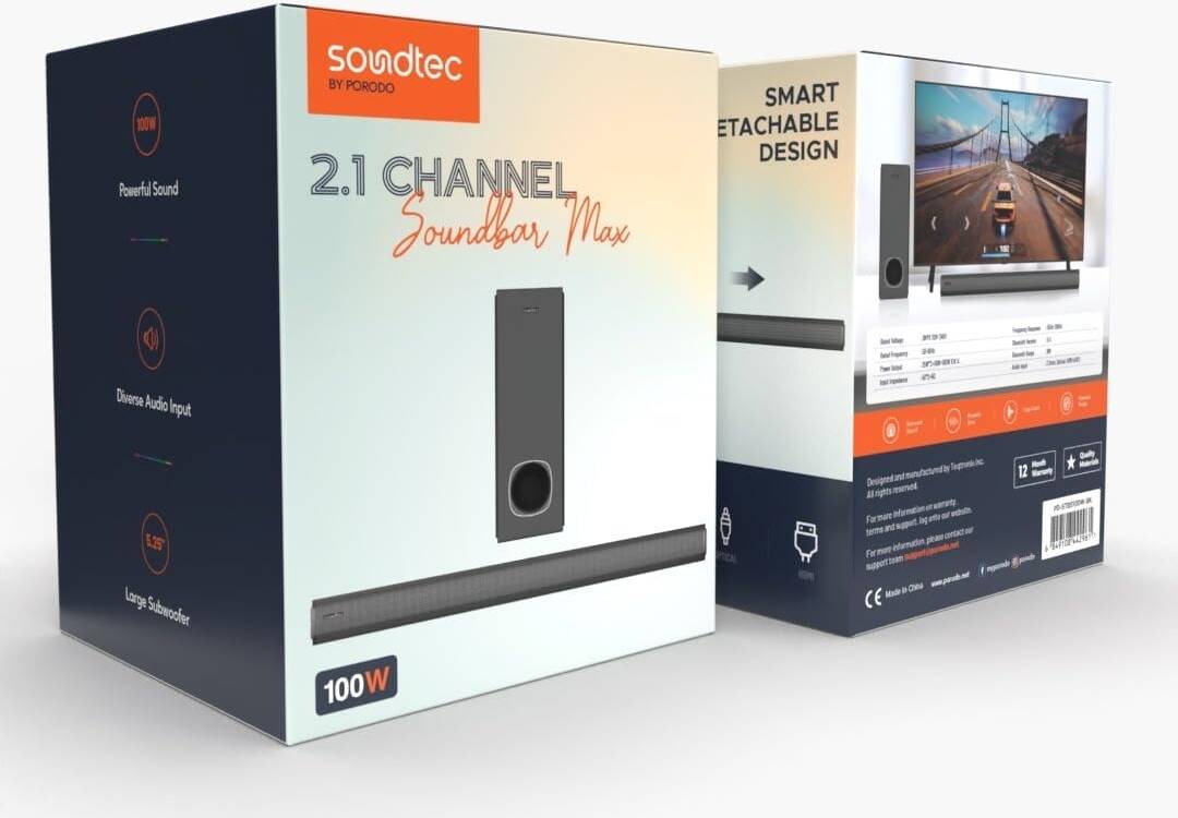 Porodo Soundtec 2.1 Channel Soundbar Max 100W