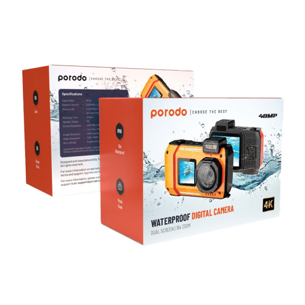 Porodo Waterproof Digital Camera Dual Screen & 18x Zoom