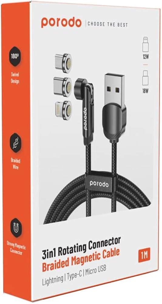 Porodo 3IN1 Rotating Connecter Braided Magnetic Cable