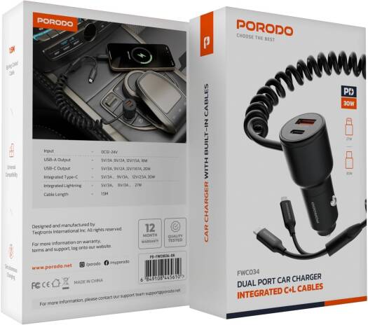Porodo Fwc033 30W Dual Port Car Charging Integrated C+L Cable