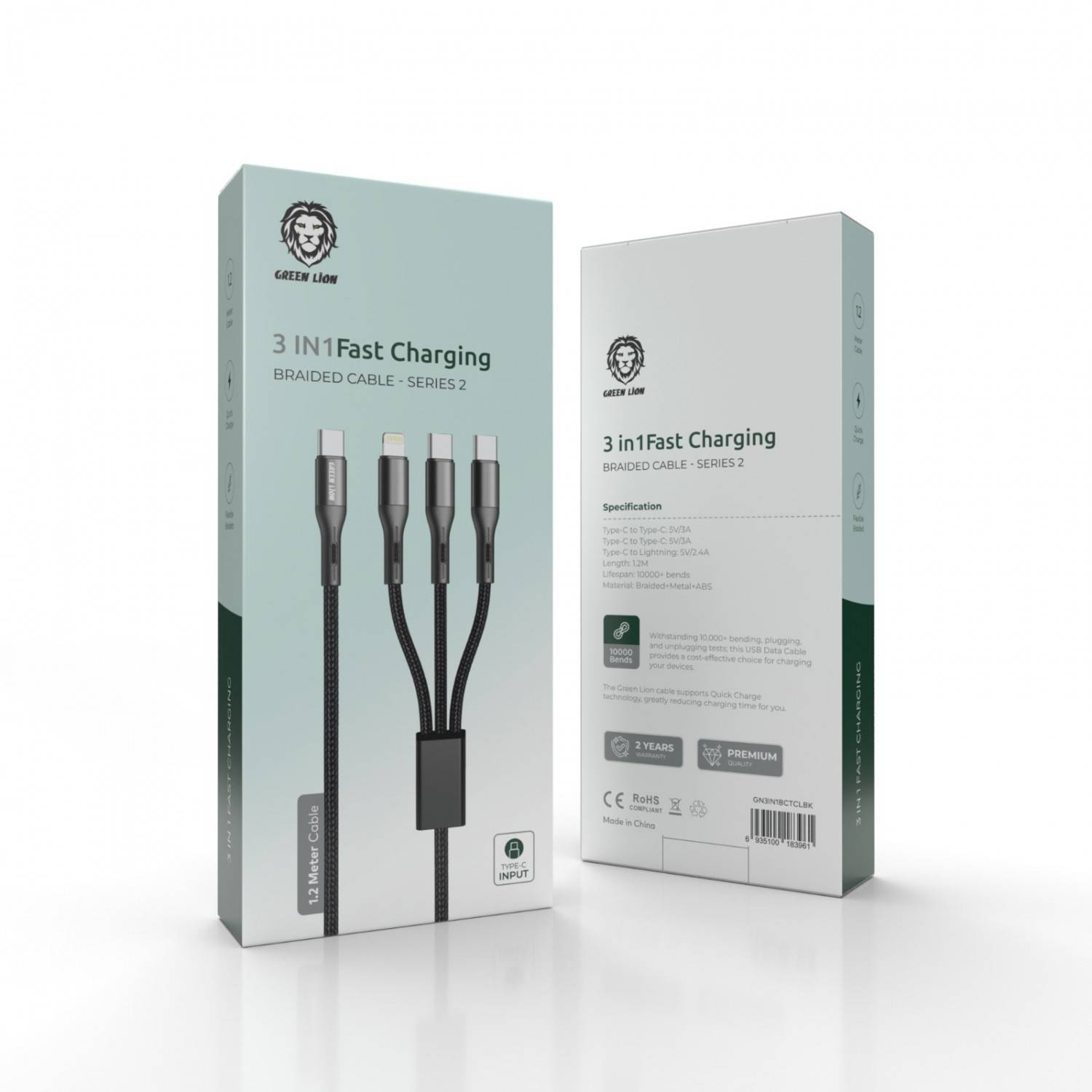 Green Lion 3 in 2 Fast Charging Braided Cable 1.2M 60W